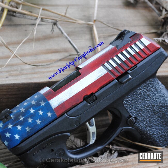 Cerakoted: Bright White H-140,Ruger,Red, White and Blue,FIREHOUSE RED H-216,Graphite Black H-146,Distressed American Flag,Pistol,American Flag,EDC,Merica,Ruger LC9,Sky Blue H-169