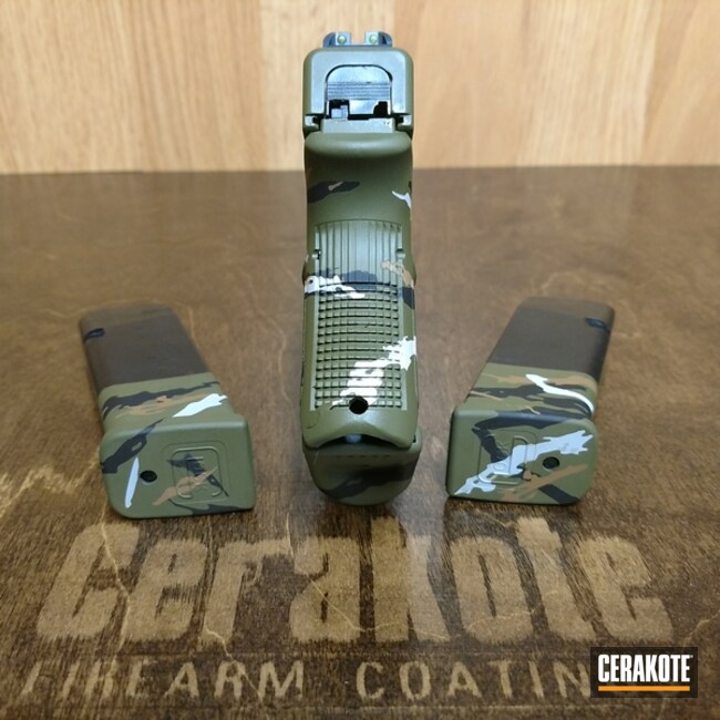 Cerakoted: Bright White H-140,10mm,Tiger Stripes,Glock 29,Armor Black H-190,Pistol,Glock,Noveske Bazooka Green H-189,Custom Camo