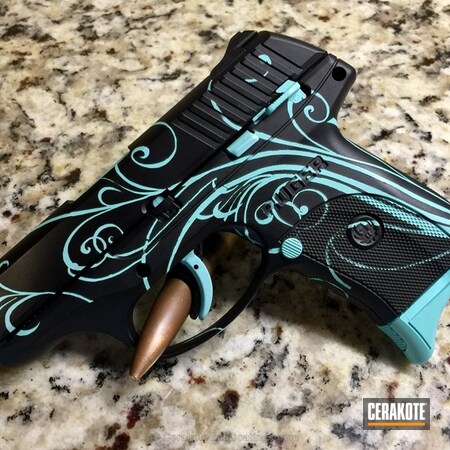 Powder Coating: Graphite Black H-146,Ladies,Pistol,A Twist on Tiffany,Scroll Pattern,Ruger LC9,Robin's Egg Blue H-175,Ruger