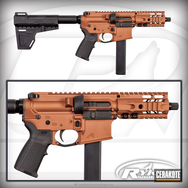 Cerakoted: Custom Mix,Aero Precision,9mm,KAK Blade,RRA,AR Pistol,MagPul,SLR Rail,Custom Copper,Hunter Orange H-128,Gold H-122