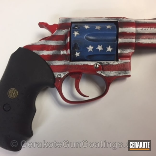 Cerakoted: NRA Blue H-171,FIREHOUSE RED H-216,Snow White H-136,Graphite Black H-146,.357 Magnum,Revolver,American Flag,Taurus