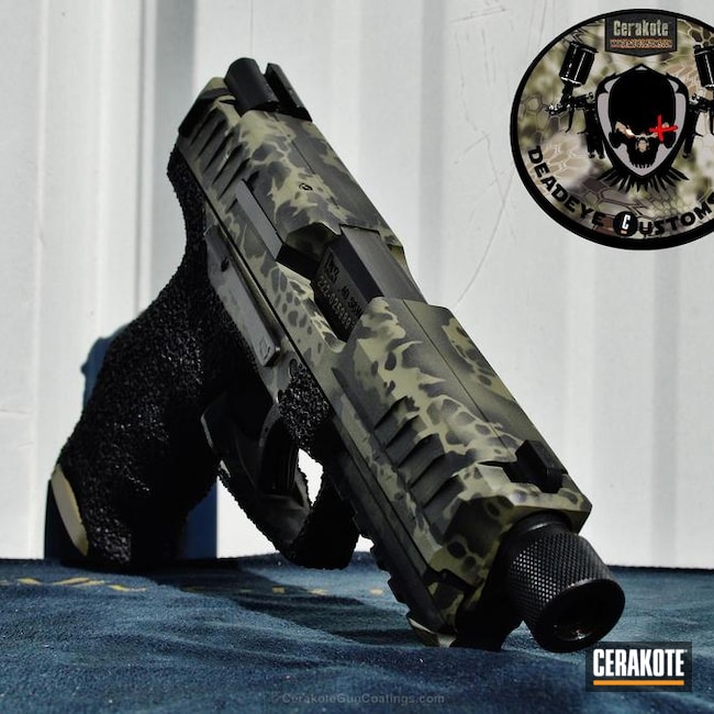Cerakoted: Graphite Black H-146,HK Pistol,Custom Design,DESERT VERDE H-256,Stippled,Pistol