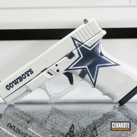 Powder Coating: Glock 43,KEL-TEC® NAVY BLUE H-127,Glock,NFL,Cowboys,Pistol,Sports Theme,Custom Stenciling,Gloss White H-137