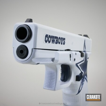 Powder Coating: Glock 43,KEL-TEC® NAVY BLUE H-127,Glock,NFL,Cowboys,Pistol,Sports Theme,Custom Stenciling,Gloss White H-137