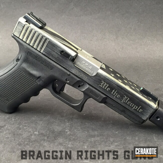 Cerakoted: Shimmer Gold H-153,Graphite Black H-146,Distressed American Flag,Pistol,Glock,Glock 20,Laser Engrave