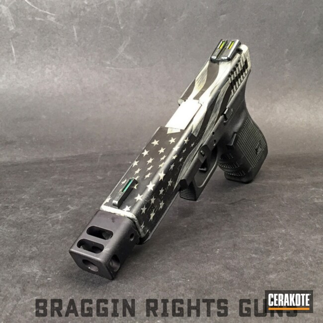 Cerakoted: Shimmer Gold H-153,Graphite Black H-146,Distressed American Flag,Pistol,Glock,Glock 20,Laser Engrave