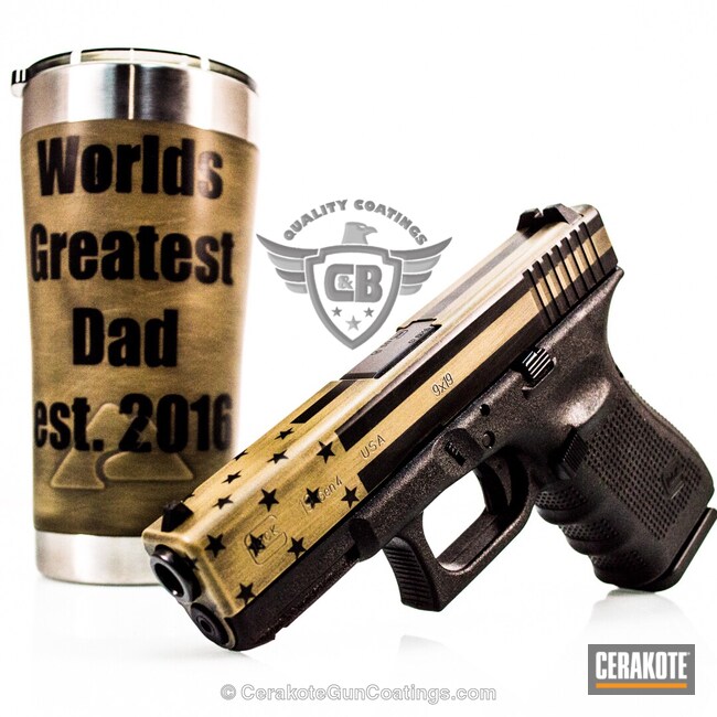 Cerakoted: Glock 19,MAGPUL® FLAT DARK EARTH H-267,Custom,Battleworn Flag,Pistol,Glock,Custom Tumbler Cup