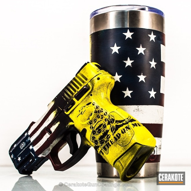 Cerakoted: Dont Tread On Me,YETI Cup,Murica,RTIC Tumbler,Custom Tumbler Cup,Tumbler,Electric Yellow H-166,FIREHOUSE RED H-216,Battleworn,Snow White H-136,Battleworn Flag,Graphite Black H-146,Gadsden Flag,Distressed American Flag