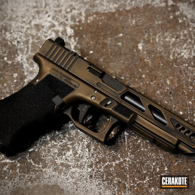 Cerakoted: Graphite Black H-146,Glock 34,Burnt Bronze H-148,Stippled,Pistol,Glock,Slide Cut,EvolveWeaponsSystems,Handguns