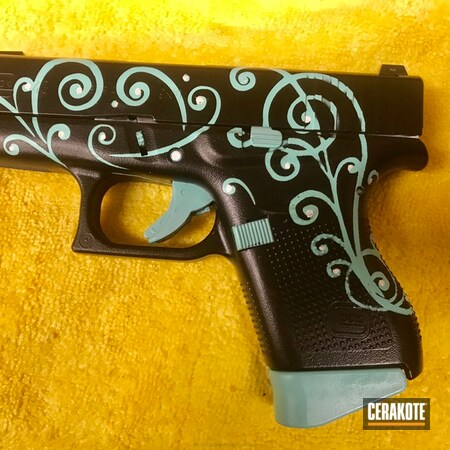 Powder Coating: Glock 43,Personalized,Glock,Ladies,Pistol,Armor Black H-190,Scroll Pattern,Robin's Egg Blue H-175