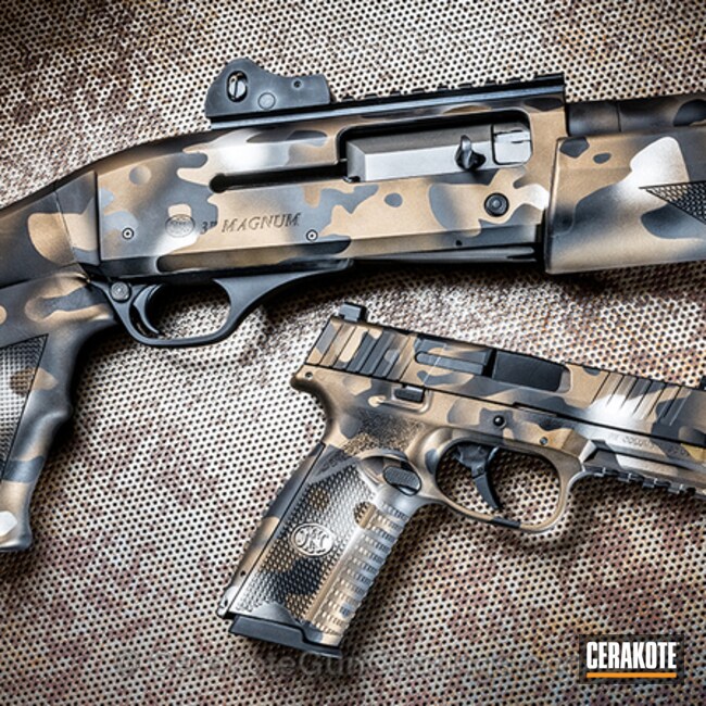 Cerakoted: Shimmer Gold H-153,MultiCam,MAD Land Camo,Graphite Black H-146,Burnt Bronze H-148,Camo,Pistol,Handguns,FN Herstal