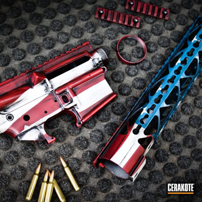 Cerakoted: FIREHOUSE RED H-216,Battleworn,Snow White H-136,Graphite Black H-146,Murica,Distressed American Flag,Tactical Rifle,American Flag,Sky Blue H-169