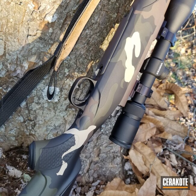 Cerakoted: Woodland Camo Pattern,DESERT SAND H-199,Hunting Rifle,Woodland Camo,Winchester Model 70,Camo,Mil Spec Green H-264,Chocolate Brown H-258