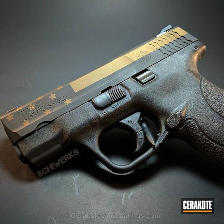 Powder Coating: Graphite Black H-146,Smith & Wesson,M&P Shield,Handguns,Pistol,Patriotic,American Flag,Burnt Bronze H-148,Stars and Stripes