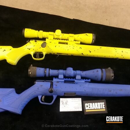 Powder Coating: Graphite Black H-146,NRA Blue H-171,22lr,Electric Yellow H-166,17hmr,Savage Arms,Bolt Action Rifle,Drips
