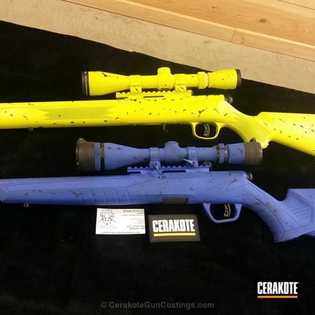 Powder Coating: Graphite Black H-146,NRA Blue H-171,22lr,Electric Yellow H-166,17hmr,Savage Arms,Bolt Action Rifle,Drips