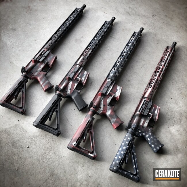 Cerakoted: FIREHOUSE RED H-216,Graphite Black H-146,Stormtrooper White H-297,Distressed American Flag,KEL-TEC® NAVY BLUE H-127,Tactical Rifle,American Flag,AR-15