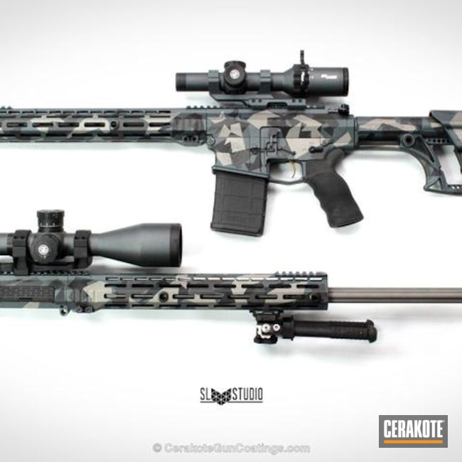 Cerakoted: Custom Mix,Graphite Black H-146,AR-10,Tactical Rifle,Sig Sauer,Titanium H-170,Splinter Camo,CMT Billet Set,Cobalt H-112,Blue Titanium H-185