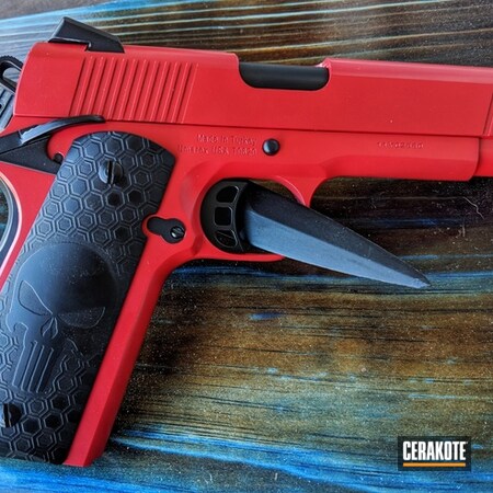 Powder Coating: Graphite Black H-146,.45 ACP,1911,Pistol,Punisher,2AM Munitions,FIREHOUSE RED H-216