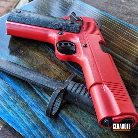 Powder Coating: Graphite Black H-146,.45 ACP,1911,Pistol,Punisher,2AM Munitions,FIREHOUSE RED H-216