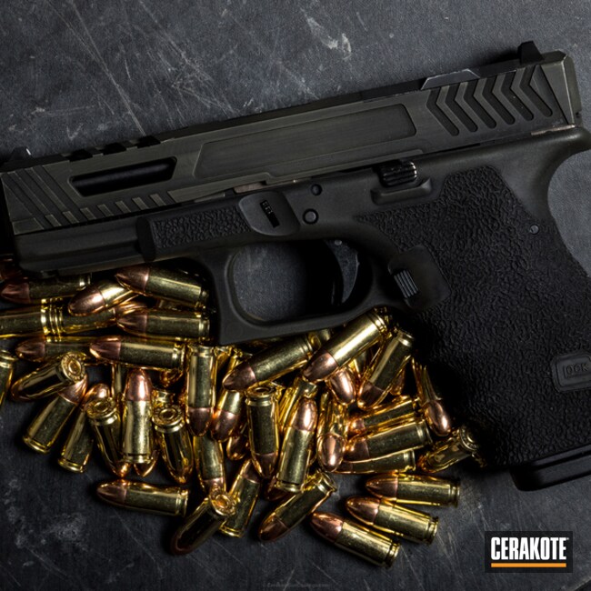 Cerakoted: Glock 19,Custom Machined,Graphite Black H-146,Gen II Graphite Black HIR-146,Stippled,Pistol,Glock,Machined Slide,O.D. Green H-236,Handguns