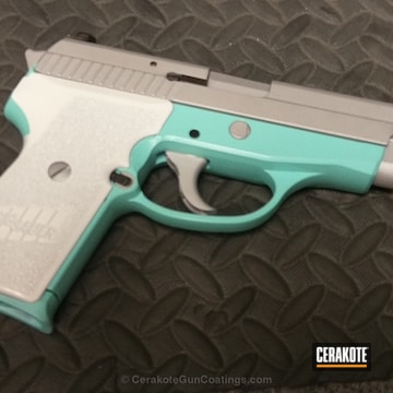 Cerakoted Sig Sauer Handgun Coated In Crushed Silver, Bright White And Robin's Egg Blue