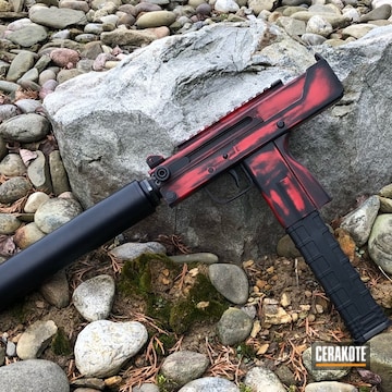 Cerakoted Two Tone Distressed Mac 10 Machine Pistol Coated In H-146 Graphite Black And H-167 Usmc Red