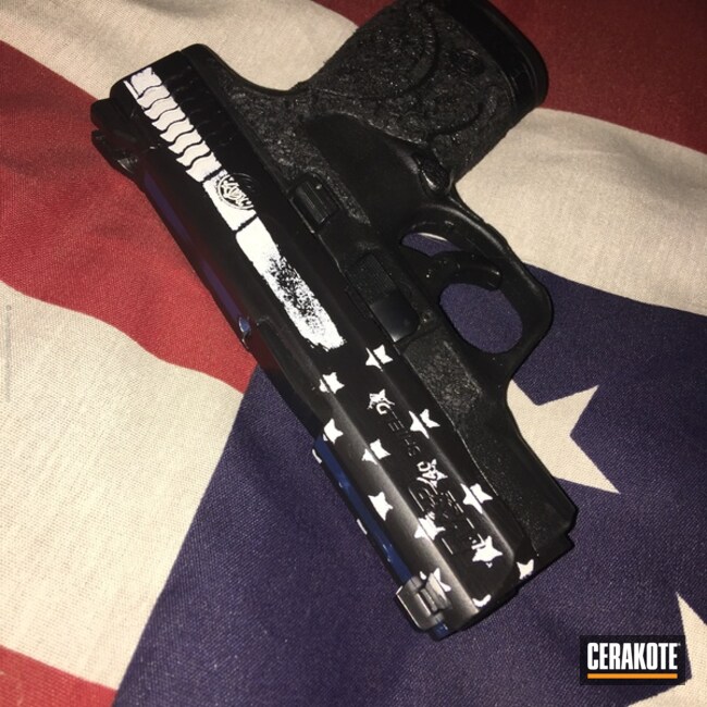 Cerakoted: Bright White H-140,Thin Blue Line,Graphite Black H-146,Smith & Wesson,Distressed American Flag,Stippled,KEL-TEC® NAVY BLUE H-127,Pistol