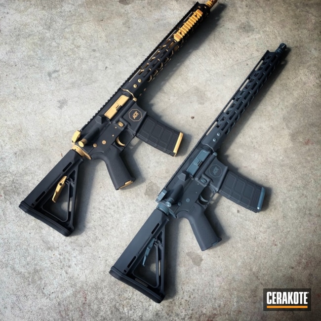 Cerakoted: Jesse James Cold War Grey H-402,MAGPUL® STEALTH GREY H-188,Two Tone,Armor Black H-190,Tactical Rifle,Gold H-122