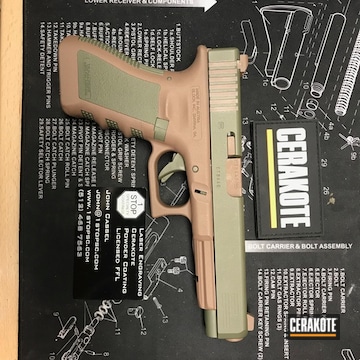 Cerakoted Two Tone Glock Handgun Coated In Federal Brown, Shimmer Gold And Sniper Green