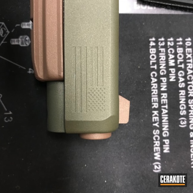 Cerakoted: Custom Mix,Shimmer Gold H-153,Sniper Green H-229,Glock 34,Federal Brown H-212,Pistol,Glock,Laser Engrave