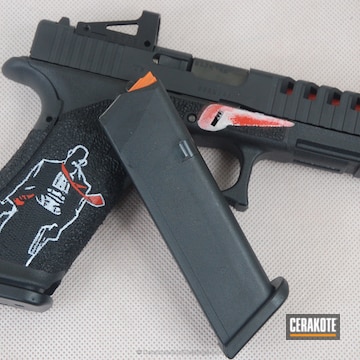 Cerakoted Custom Stippled Glock Handgun Coated In H-146 Graphite Black, H-216 Smith & Wesson Red And H-10 Bright White