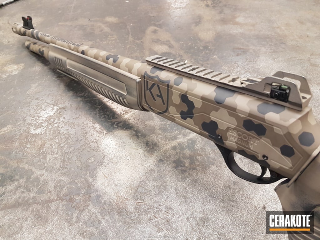 Cerakoted Tactical Shotgun in a Desert Hex Camo Pattern by KERE DYCK