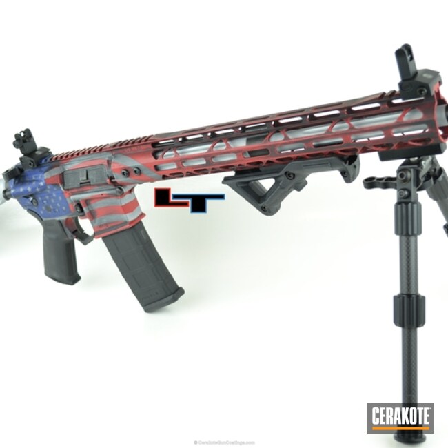 Cerakoted: NRA Blue H-171,FIREHOUSE RED H-216,Distressed,Distressed American Flag,Crushed Silver H-255,Tactical Rifle,American Flag,Battleworn AR-15,AR-15