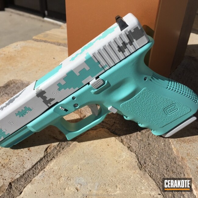 Cerakoted: Bright White H-140,Glock 19,Robin's Egg Blue H-175,Digital Camo,Crushed Silver H-255,Pistol,Glock,Ladies