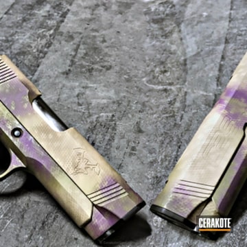 Cerakoted Custom Handgun Coated In Desert Sand, Patriot Brown, Wild Purple And Mil Spec O.d. Green
