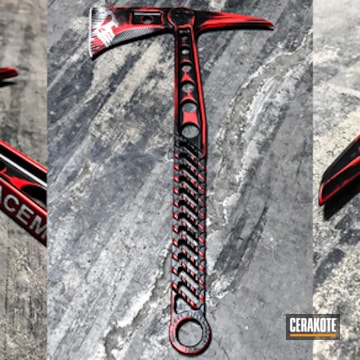 Cerakoted Tomahawk Throwing Axe Coated In H-146 Graphite Black, H-167 Usmc Red And H-242 Hidden White