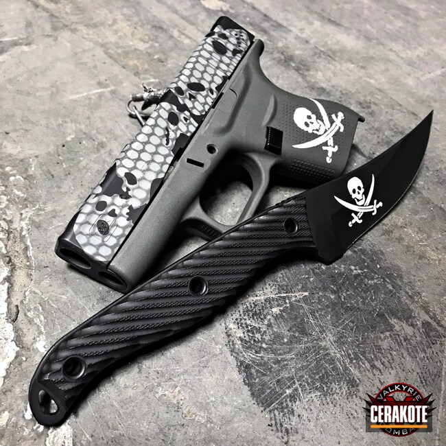 Cerakoted Custom Glock And Knife Combo Done In A Graphite Black, Tungsten, Hidden White And Smith & Wesson Grey Pirate Theme