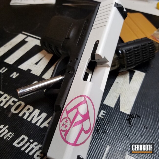 Cerakoted: Bright White H-140,Glock 19,Custom Logo,Pistol,Glock,Prison Pink H-141