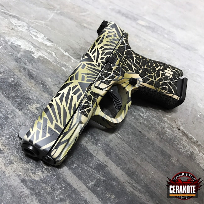 Cerakoted: Glock 19,Shatter Camo,Graphite Black H-146,Desert Sand H-199,Stippled,Glock,Noveske Bazooka Green H-189,Custom Camo