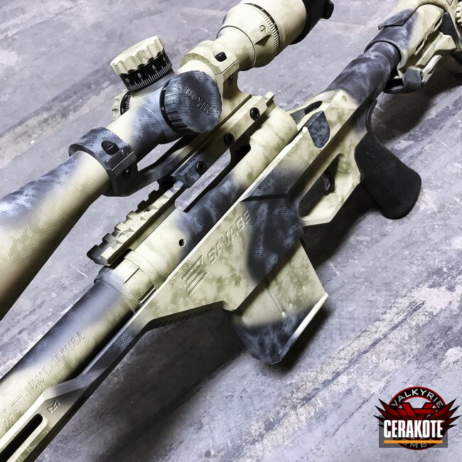 Cerakoted: Savage Arms,Custom,Graphite Black H-146,Desert Sand H-199,Savage,Satin Aluminum H-151,Optics