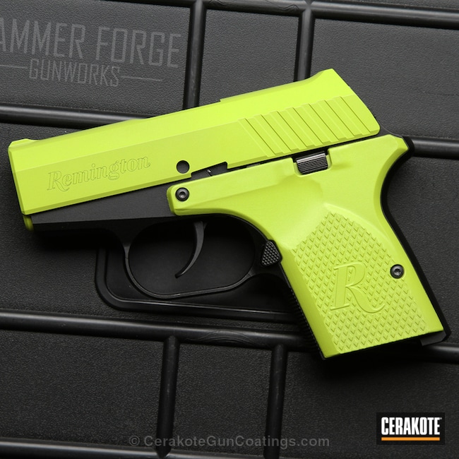 Cerakoted: Electric Yellow H-166,chartresuse,.380,Zombie Green H-168,Pistol,Highlighter Yellow,Remington,Handguns