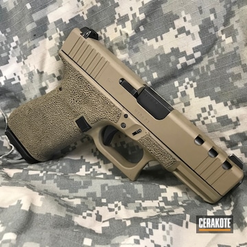 Cerakoted Glock 19 Gen 4 With Stippled Frame, Front Cocking Serrations, Slide Cuts And Fresh Coat Of Cerakote Coyote Tan