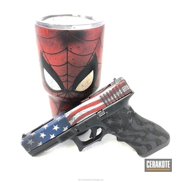 Cerakoted Cerakoted American Flag Themed Glock 17 Pistol And Spiderman Tumbler Cup