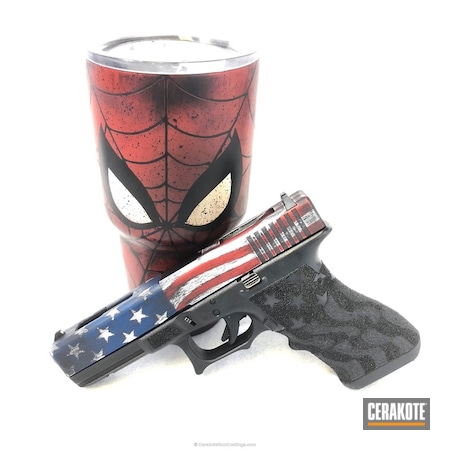 Powder Coating: Cups and Guns,Spiderman,FIREHOUSE RED H-216,Graphite Black H-146,Crimson H-221,Glock,NRA Blue H-171,Custom Tumbler Cup,Pistol,Stormtrooper White H-297,American Flag,Stars and Stripes,Glock 17,Distressed American Flag