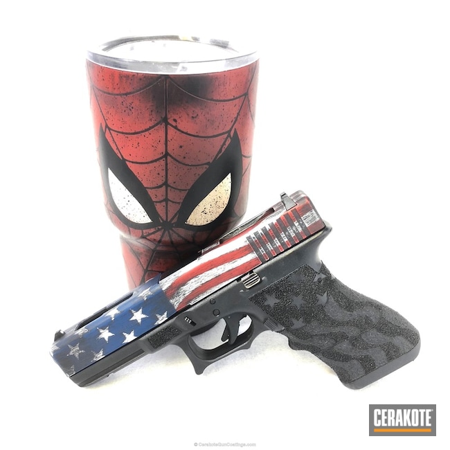 Cerakoted: Crimson H-221,Pistol,American Flag,Glock 17,Custom Tumbler Cup,Cups and Guns,Spiderman,NRA Blue H-171,FIREHOUSE RED H-216,Graphite Black H-146,Stormtrooper White H-297,Distressed American Flag,Glock,Stars and Stripes