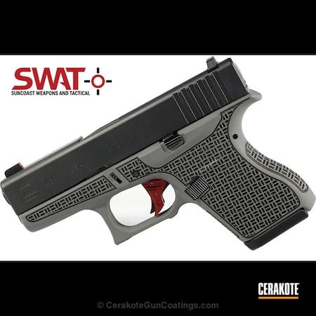 Powder Coating: Glock 43,Laser Engrave,Graphite Black H-146,Glock,Pistol,Basketweave,Laser Stippled,Bull Shark Grey H-214