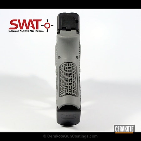 Powder Coating: Glock 43,Laser Engrave,Graphite Black H-146,Glock,Pistol,Basketweave,Laser Stippled,Bull Shark Grey H-214