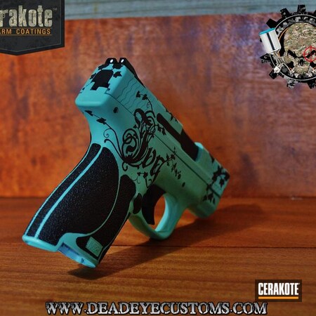 Powder Coating: Graphite Black H-146,Filigree,Ladies,Girls Gun,Handguns,Pistol,Custom Design,Robin's Egg Blue H-175
