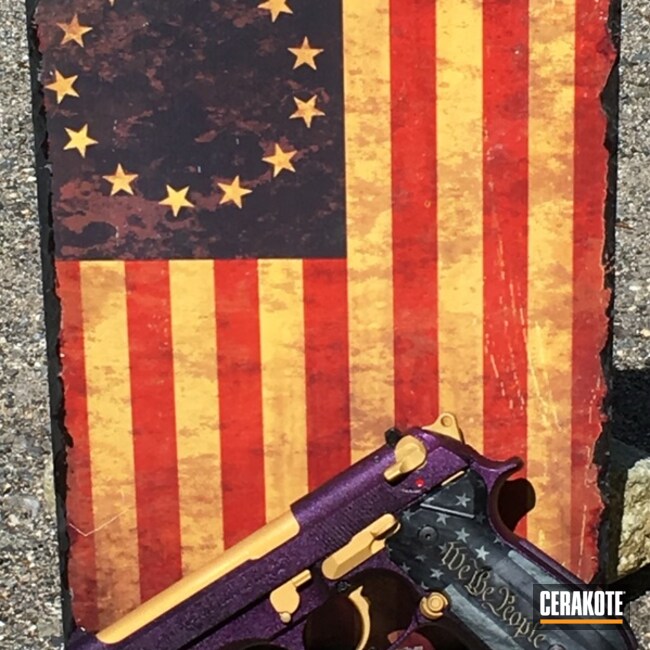 Cerakoted: Graphite Black H-146,Purple Heart,Pistol,Beretta,We the people,Gold H-122,GunCandy